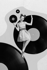 Creative illustration collage of pin up lady enjoying 70s 90s retro party turntable plate vinyl...