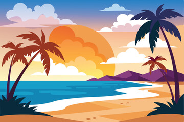 Obraz premium Colorful Sunset Beach Scene with Palm Trees