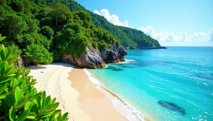 Lush vegetation meets crystal-clear turquoise sea, soft sand borders the shore , landscape, holiday