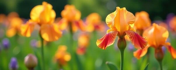 Fototapeta premium Pastel orange yellow and red iris flowers bloom in a garden bed, yellow, purple