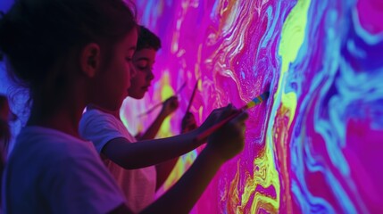 Children joyfully painting on a vibrant interactive digital wall, expressing creativity through colorful strokes in an immersive art exhibit