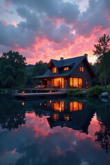 Obraz premium Modern lakeside home, dusk glow, wooden dock reflecting in still water , property, minimalist