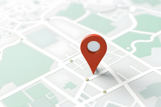 A vibrant red map pointer stands prominently on a stylized, light-colored map with subtle lines and shapes