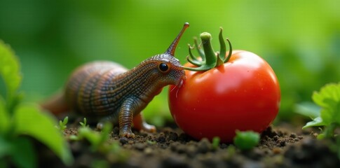 Slug consuming a ripe tomato amongst lush green foliage , environment, foliage, fauna