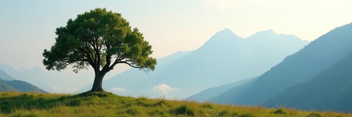 Obraz premium Solitary tree against misty mountain background, wooden, background, tree