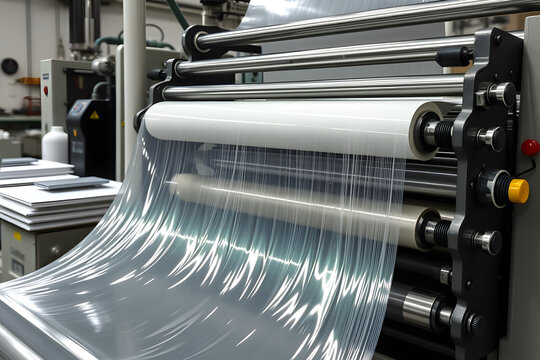 A roll of polyolefin shrink wrap film on an industrial wrapping machine