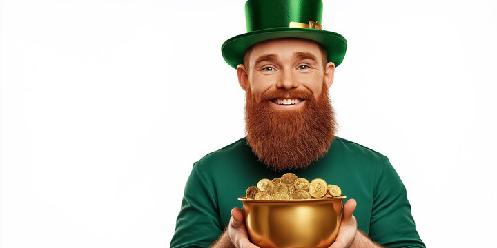 A leprechaun holds a pot filled with Bitcoin while smiling directly at the camera. The setting features a transparent background emphasizing the subject