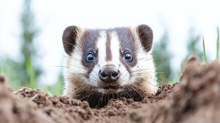 Fototapeta premium Curious badger peering from burrow, nature background, wildlife photography
