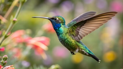 Vibrant Hummingbird in Flight Amidst Colorful Flowers
