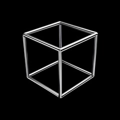 Minimalist 3D Cube with Thin Geometric Frame on Black Background