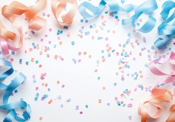 Colorful ribbons and confetti scattered on a white background, perfect for celebrations, events, parties, and festive occasions with a playful vibe