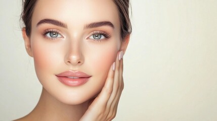 Obraz premium A close-up portrait of a woman with flawless skin, soft features, and a serene expression, highlighting natural beauty and skincare.