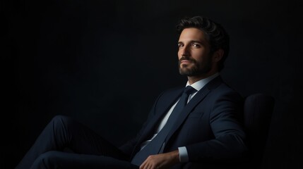 Fototapeta premium Portrait of a man sitting on a chair in a dark room. he is wearing a dark blue suit with a white shirt and a blue tie.