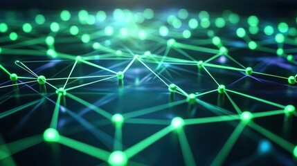 Abstract representation of interconnected green nodes and lines on a dark surface, symbolizing technology