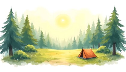 Watercolor image of a camping tent in a vibrant forest, embodying the essence of travel and the beauty of nature