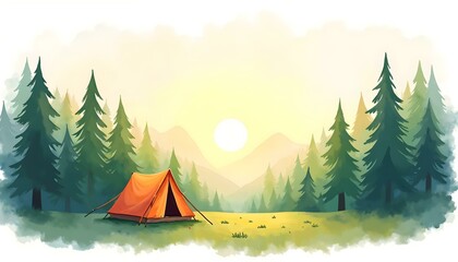 A serene watercolor illustration of a tent in the forest, representing the spirit of camping and travel in nature