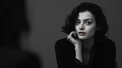 Black and white portrait of a young woman with shoulder-length dark hair.