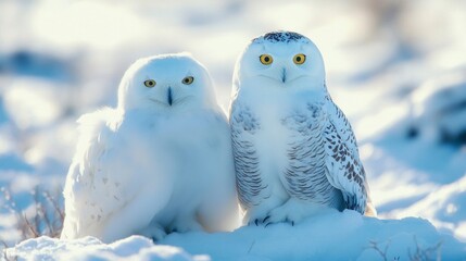 Two Snowy Owls in a Winter Landscape