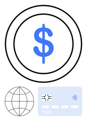 Blue dollar sign in double circle, contactless credit card, and globe grid. Ideal for fintech, global payments, e-commerce, online banking, currency exchange, finance abstract line flat metaphor