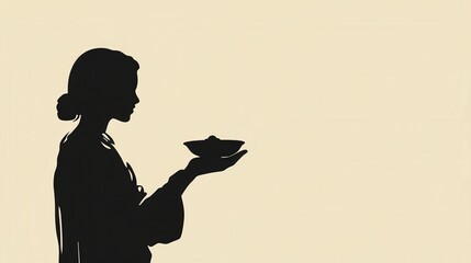 Elegant silhouette of a woman holding a bowl against a soft beige background