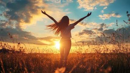 young woman jumping in the field,Joyful woman with raised arms standing on grass at sunset, radiant smile, flowing hair, billowing dress, gazing at open sky with fluffy clouds, 