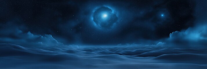 Digital illustration of a night sky filled with stars and a bright blue nebula. the nebula is in the center of the image and is surrounded by a halo of light.