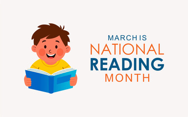 March Is National Reading Month vector. Happy smiling child boy with book cartoon character. Best for banners foster, care and social media posts.