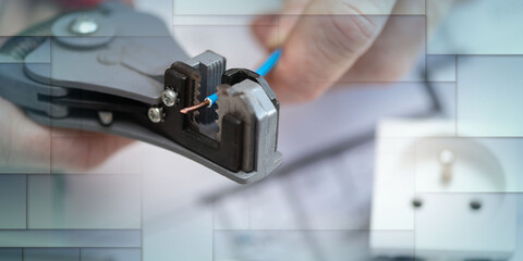 Electrician stripping a wire, geometric pattern