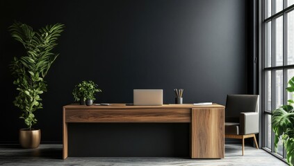 Modern Workspace, Dark Interior, Empty Desk, Office