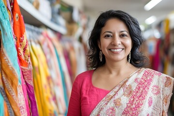 Woman in Sari, Shop, Smiling, Colorful Fabrics, Portrait