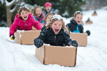 A group of kids race down a hill in cardboard box sleds