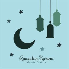 Ramadan Kareem design on green Islamic background with ornament star, moon, mosque, lanterns and islamic elements. Suitable for raya and ramadan template concept.