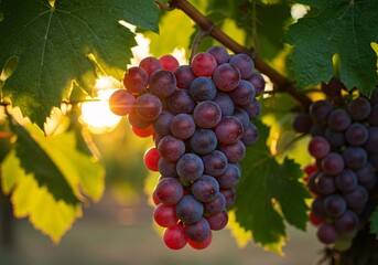 Fototapeta premium Sun-Kissed Bunch of Juicy Red and Purple Grapes Hanging From a Vine in a Lush Vineyard.