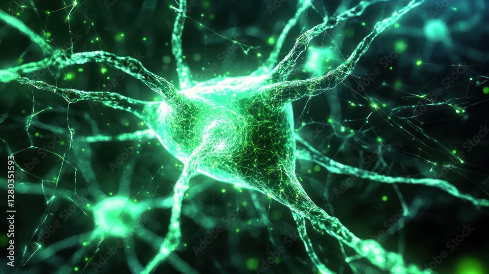 Poster close-up view of glowing neurons interconnected in a dark environment showcasing neural activity