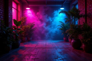 Plants and Smoke Fill an Urban Interior with Colorful Lighting