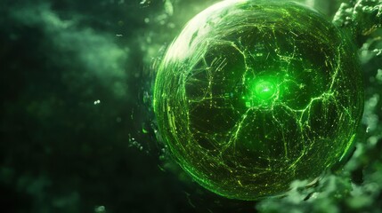 A glowing green sphere with intricate patterns floating in a dark, misty environment