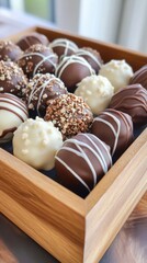 Assorted chocolate truffles in wooden box with white and dark varieties. Chocolate Truffles. Celebration of Chocolate Month
