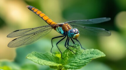 Closeup of a Colorful Dragonfly on a Green Leaf