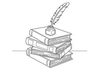 Black and white stack of books with quill and inkwell coloring page, standard print size