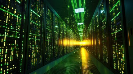 Fototapeta premium Futuristic data center corridor illuminated by green lights and a glowing sunset in the background