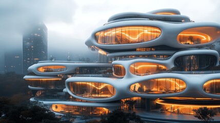 Fototapeta premium Futuristic Architecture Design with Glowing Interiors in Urban Landscape