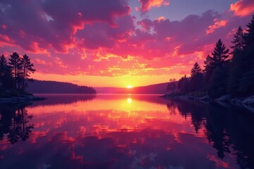 Obraz premium Vibrant orange and purple hues paint Minnesota lake at sunset , outdoor, peaceful