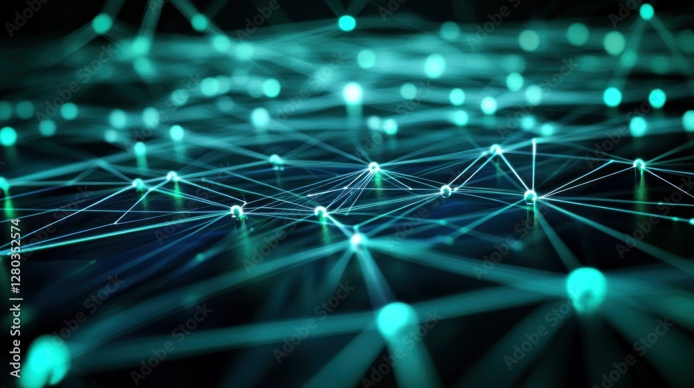 Poster abstract digital network visualization with glowing nodes and connections on a dark background
