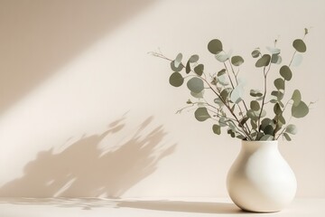A simple and elegant still life featuring a white ceramic vase filled with eucalyptus branches, casting soft shadows on a beige background.