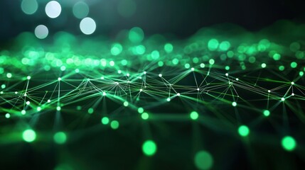 Abstract representation of interconnected digital nodes glowing in green, creating a futuristic landscape