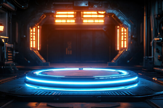 Futuristic spaceship with glowing lights, zooming through starry sky.