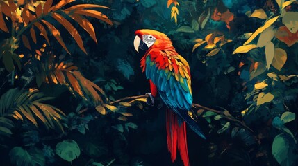 Vibrant Macaw Perched on Branch Amid Lush Tropical Foliage