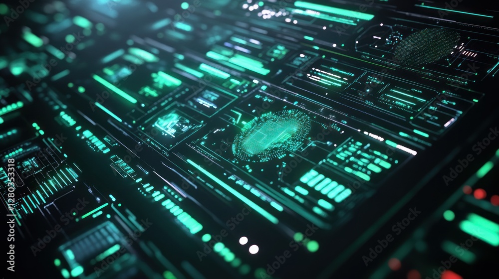 Poster futuristic digital interface displaying glowing data panels and holographic elements in a tech envir