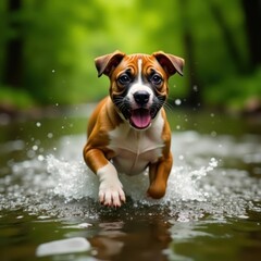 Obraz premium Happy boxer pitbull puppy splashing, forest creek, hot day relief, trees, pitbull