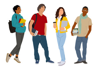 Group of multiracial and multicultural students. Young girls and boys holding books, folders standing and walking to college, university. Vector realistic illustration isolated © Creative_Juice_Art